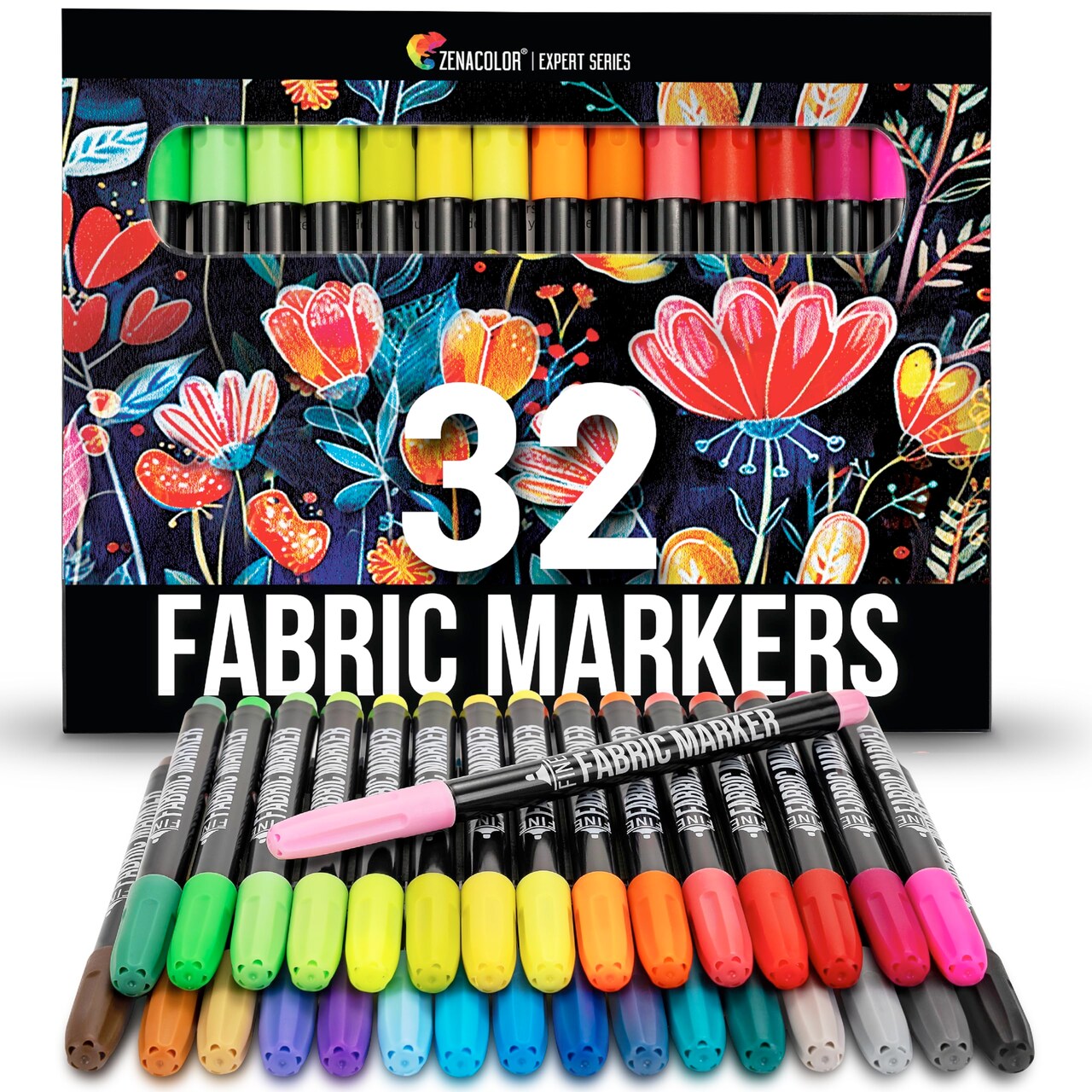 Zenacolor 32 Fabric Markers Pens - Non Toxic, Indelible and Permanent Fabric Paint Pens - Fine Point Tip Textile Marker Pen